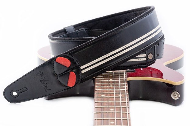 2” Black with White Racing Stripe Leather Guitar Strap with